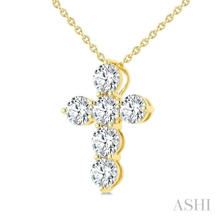 3 Ctw Round Cut Diamond Christian Cross 6-Stone Fashion Pendant With Chain in 14K Yellow Gold