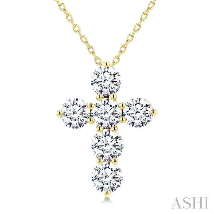 3 Ctw Round Cut Diamond Christian Cross 6-Stone Fashion Pendant With Chain in 14K Yellow Gold