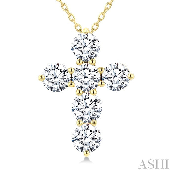 3 Ctw Round Cut Diamond Christian Cross 6-Stone Fashion Pendant With Chain in 14K Yellow Gold