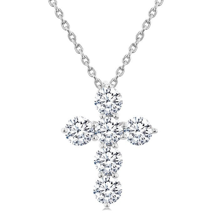 1 Ctw Round Cut Diamond Christian Cross 6-Stone Fashion Pendant With Chain in 14K White Gold