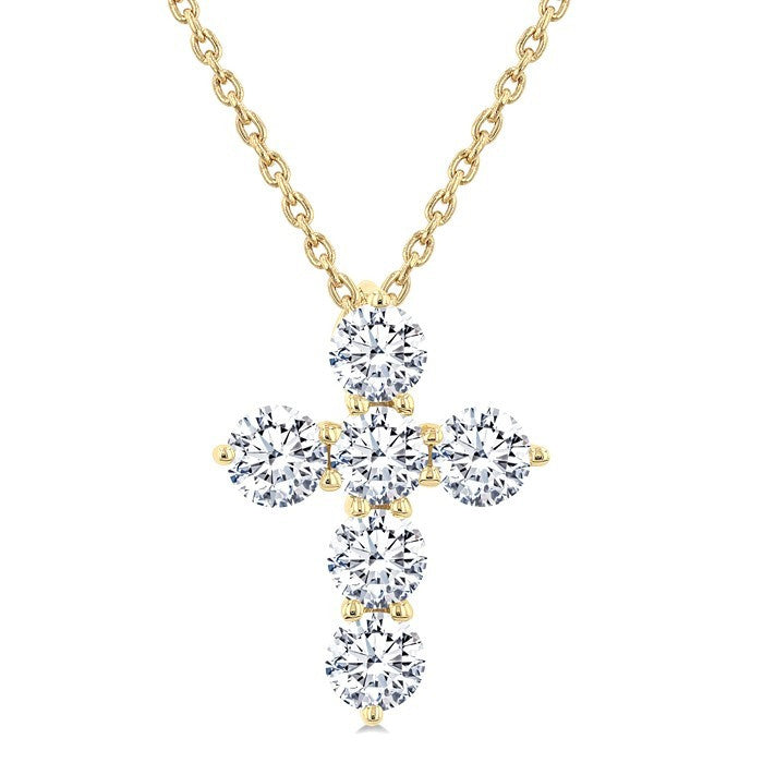 1 Ctw Round Cut Diamond Christian Cross 6-Stone Fashion Pendant With Chain in 14K Yellow Gold