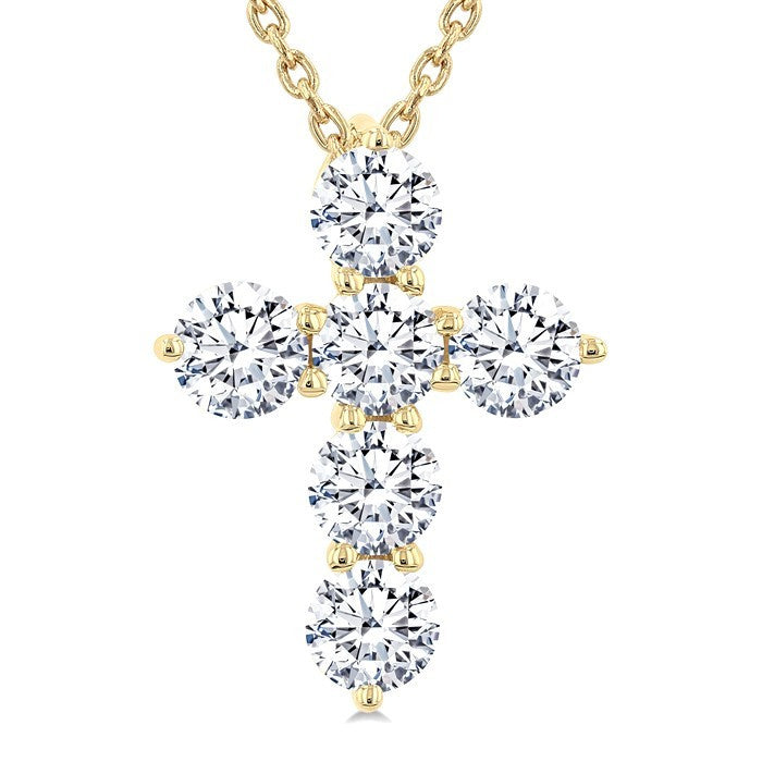 1 Ctw Round Cut Diamond Christian Cross 6-Stone Fashion Pendant With Chain in 14K Yellow Gold
