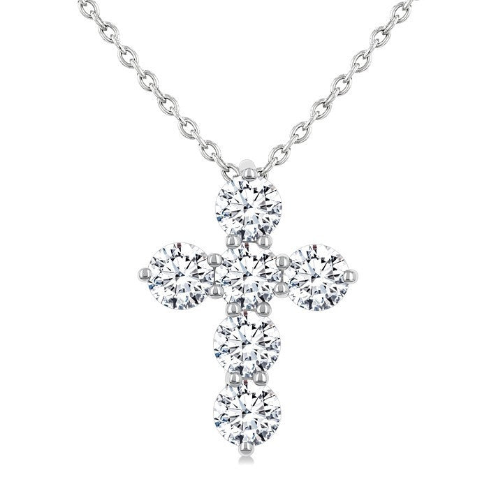 1 Ctw 6-Stone Round Cut Diamond Fashion Cross Pendant With Chain in 14K White Gold