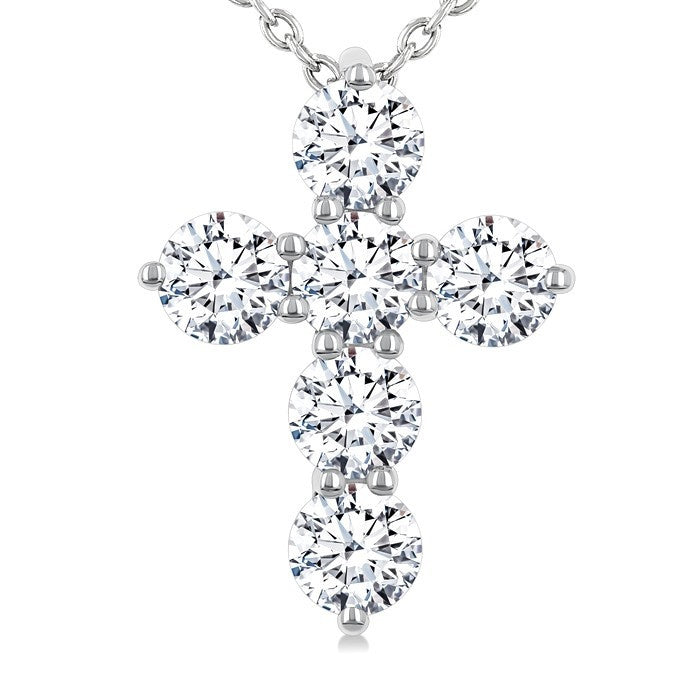 1 Ctw 6-Stone Round Cut Diamond Fashion Cross Pendant With Chain in 14K White Gold