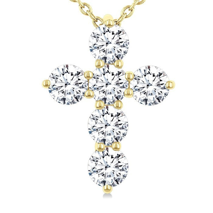 1 Ctw Round Cut Diamond Christian Cross 6-Stone Fashion Pendant With Chain in 14K Yellow Gold