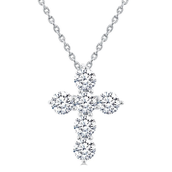 1 Ctw Round Cut Diamond Christian Cross 6-Stone Fashion Pendant With Chain in Platinum