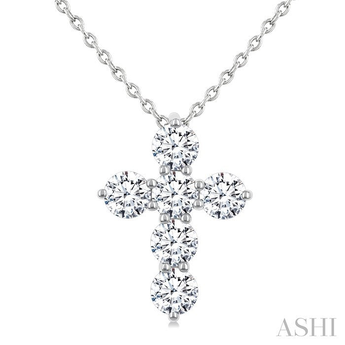 1 Ctw 6-Stone Round Cut Diamond Fashion Cross Pendant With Chain in 14K White Gold