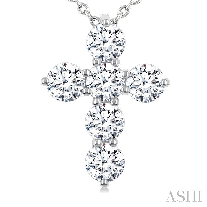 1 Ctw 6-Stone Round Cut Diamond Fashion Cross Pendant With Chain in 14K White Gold