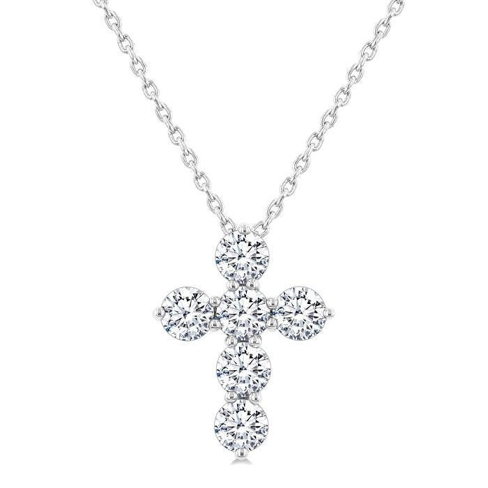 3/4 Ctw Round Cut Diamond Christian Cross 6-Stone Fashion Pendant With Chain in 14K White Gold