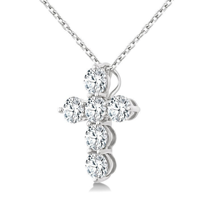 3/4 Ctw Round Cut Diamond Christian Cross 6-Stone Fashion Pendant With Chain in 14K White Gold