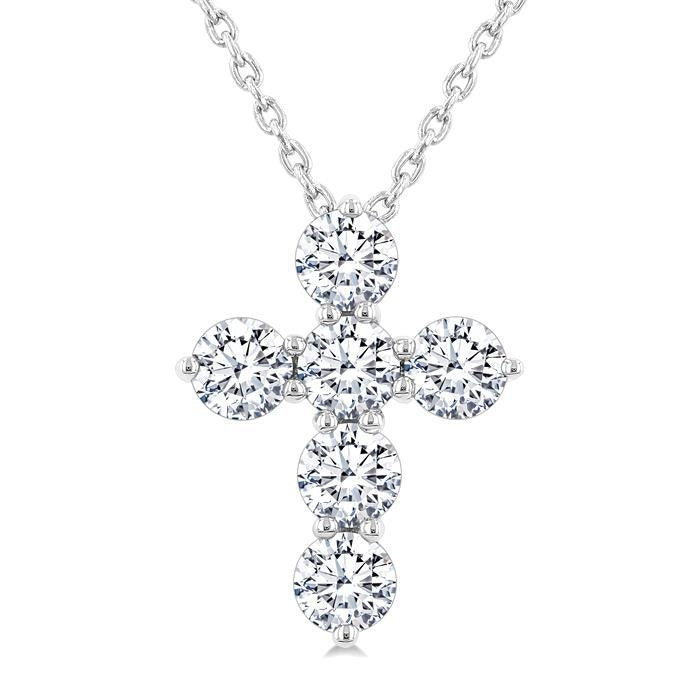 3/4 Ctw Round Cut Diamond Christian Cross 6-Stone Fashion Pendant With Chain in 14K White Gold