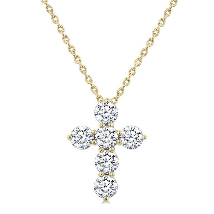 3/4 Ctw Round Cut Diamond Christian Cross 6-Stone Fashion Pendant With Chain in 14K Yellow Gold