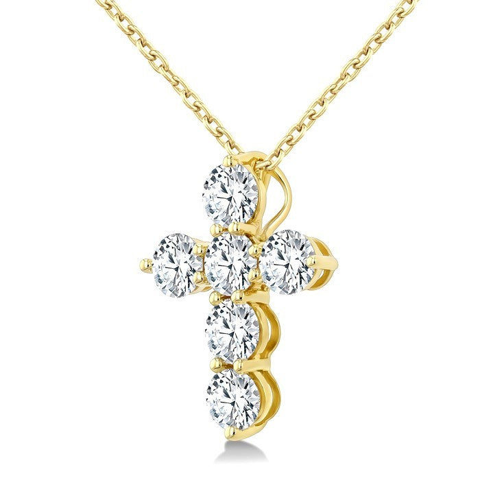 3/4 Ctw Round Cut Diamond Christian Cross 6-Stone Fashion Pendant With Chain in 14K Yellow Gold