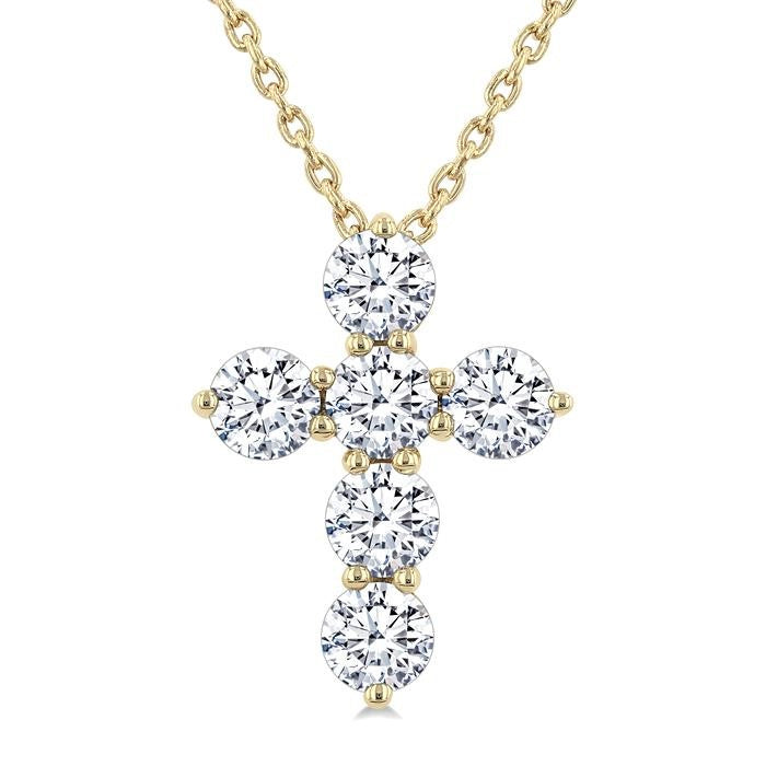 3/4 Ctw Round Cut Diamond Christian Cross 6-Stone Fashion Pendant With Chain in 14K Yellow Gold