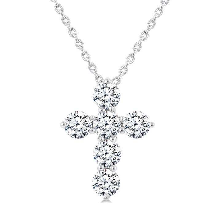 3/4 Ctw Round Cut Diamond Christian Cross 6-Stone Fashion Pendant With Chain in 14K White Gold