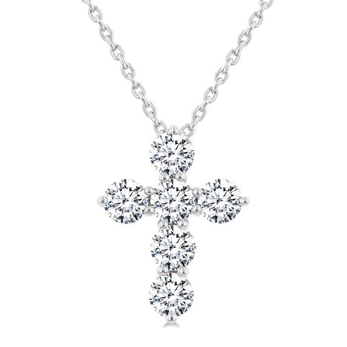 3/4 Ctw Round Cut Diamond Christian Cross 6-Stone Fashion Pendant With Chain in 14K White Gold