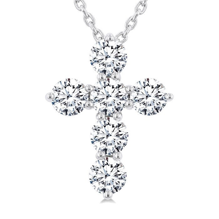3/4 Ctw Round Cut Diamond Christian Cross 6-Stone Fashion Pendant With Chain in 14K White Gold