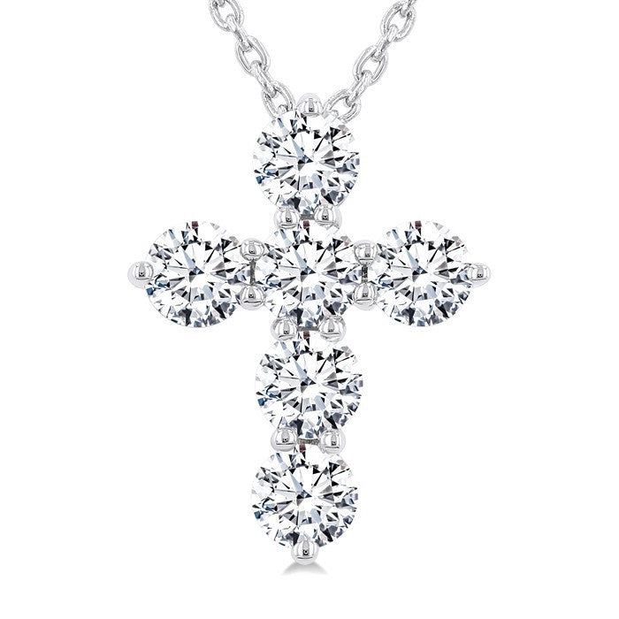 3/4 Ctw Round Cut Diamond Christian Cross 6-Stone Fashion Pendant With Chain in 14K White Gold