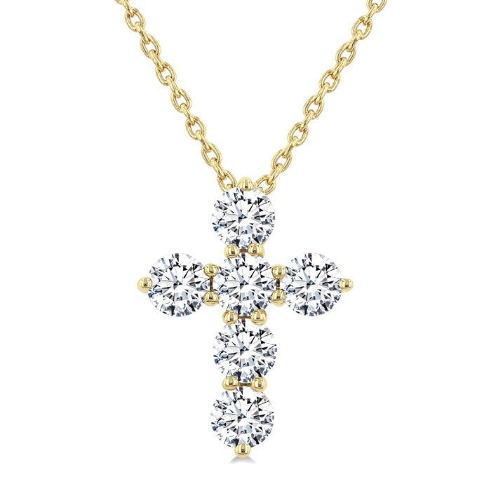 3/4 Ctw Round Cut Diamond Christian Cross 6-Stone Fashion Pendant With Chain in 14K Yellow Gold