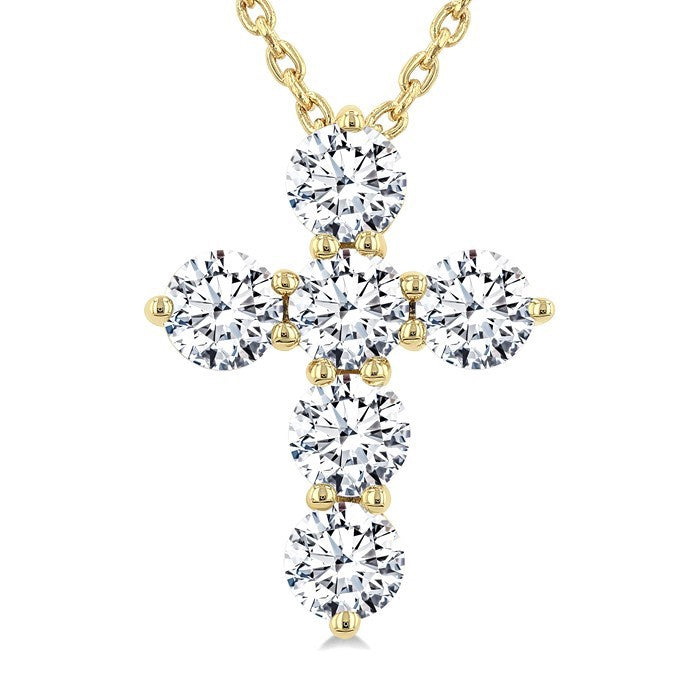 3/4 Ctw Round Cut Diamond Christian Cross 6-Stone Fashion Pendant With Chain in 14K Yellow Gold