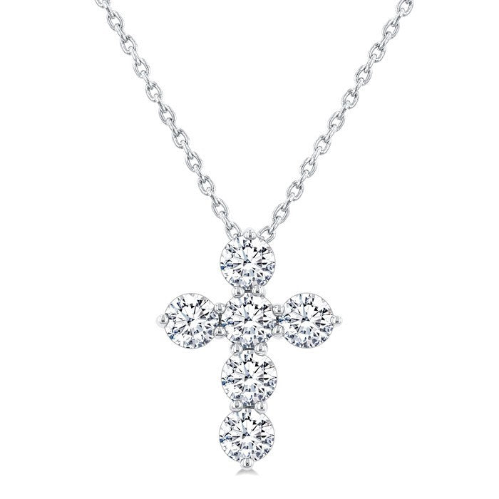 3/4 Ctw Round Cut Diamond Christian Cross 6-Stone Fashion Pendant With Chain in Platinum
