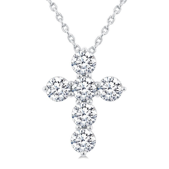 3/4 Ctw Round Cut Diamond Christian Cross 6-Stone Fashion Pendant With Chain in Platinum