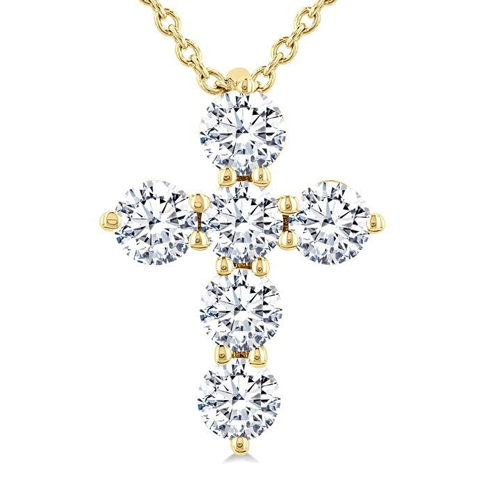 1/2 Ctw Round Cut Diamond Christian Cross 6-Stone Fashion Pendant With Chain in 14K Yellow Gold