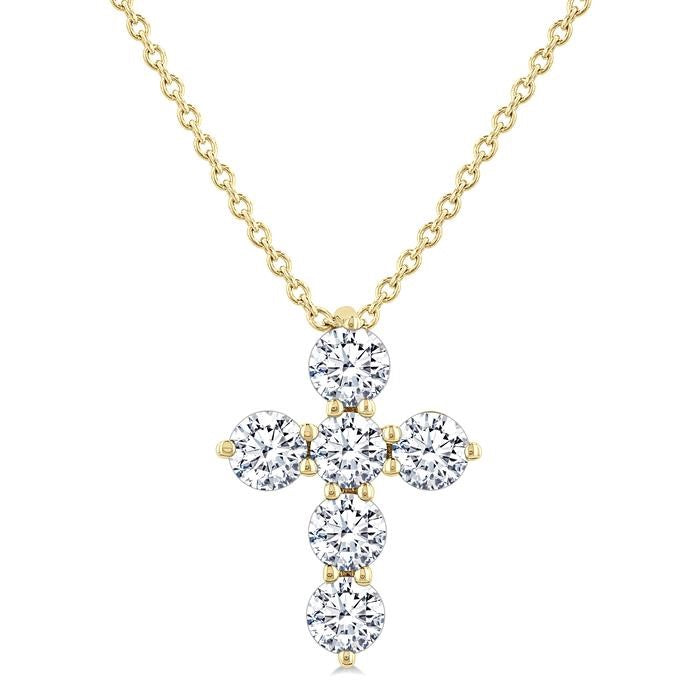1/2 Ctw Round Cut Diamond Christian Cross 6-Stone Fashion Pendant With Chain in 14K Yellow Gold