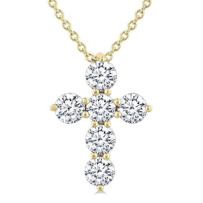 1/2 Ctw Round Cut Diamond Christian Cross 6-Stone Fashion Pendant With Chain in 14K Yellow Gold