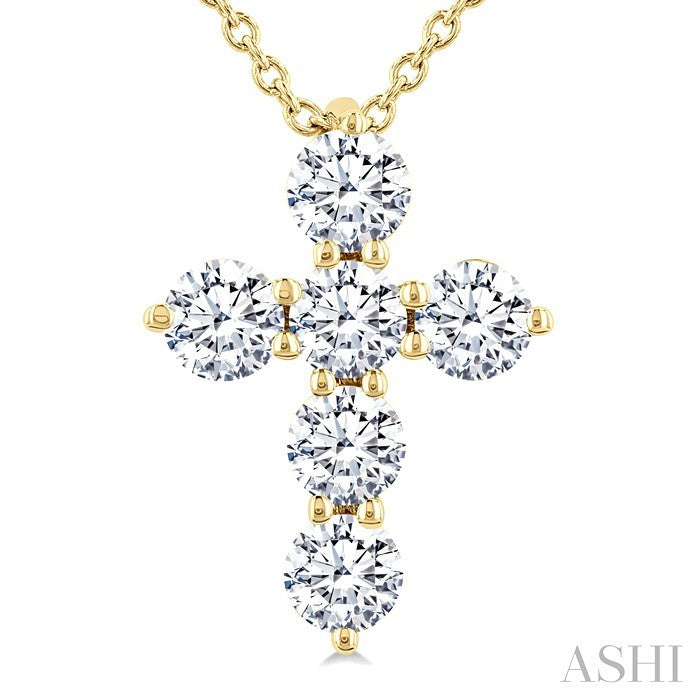 1/2 Ctw Round Cut Diamond Christian Cross 6-Stone Fashion Pendant With Chain in 14K Yellow Gold