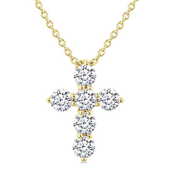 1/3 Ctw Round Cut Diamond Christian Cross 6-Stone Fashion Pendant With Chain in 14K Yellow Gold