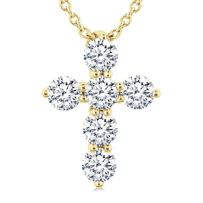 1/3 Ctw Round Cut Diamond Christian Cross 6-Stone Fashion Pendant With Chain in 14K Yellow Gold