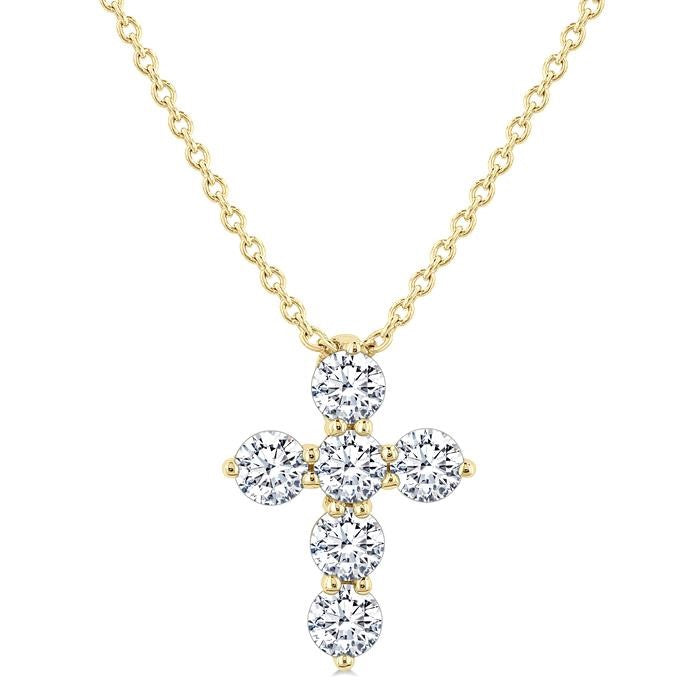 1/3 Ctw Round Cut Diamond Christian Cross 6-Stone Fashion Pendant With Chain in 14K Yellow Gold