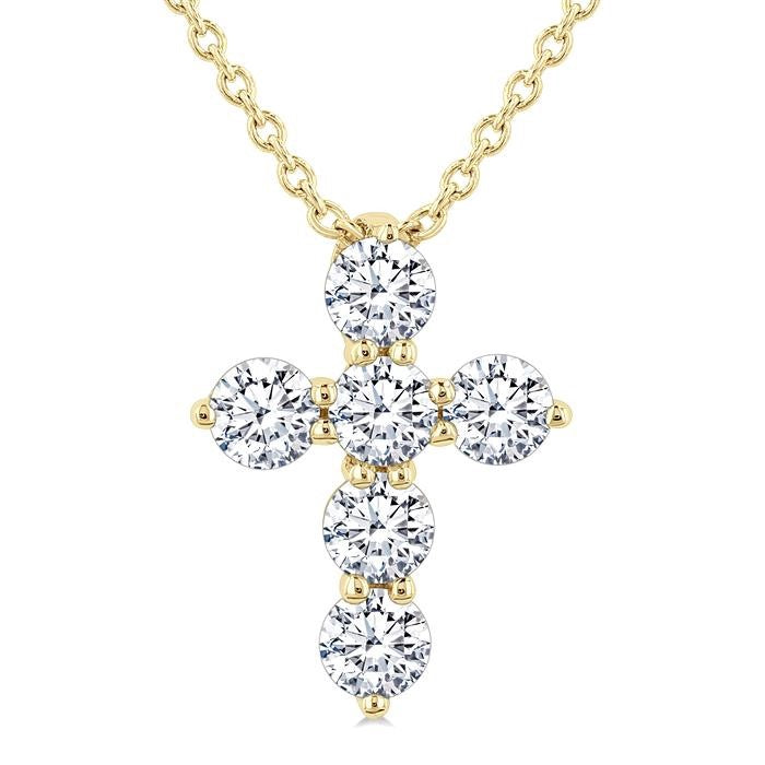 1/3 Ctw Round Cut Diamond Christian Cross 6-Stone Fashion Pendant With Chain in 14K Yellow Gold