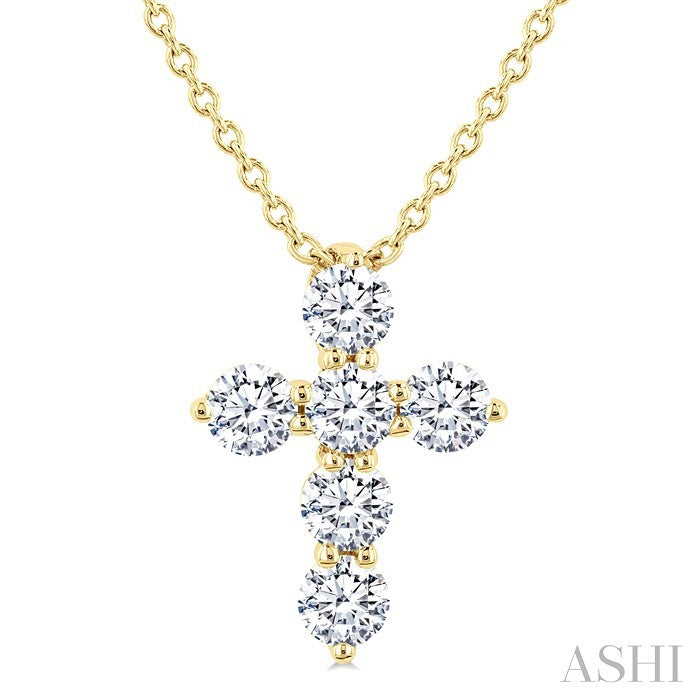 1/3 Ctw Round Cut Diamond Christian Cross 6-Stone Fashion Pendant With Chain in 14K Yellow Gold
