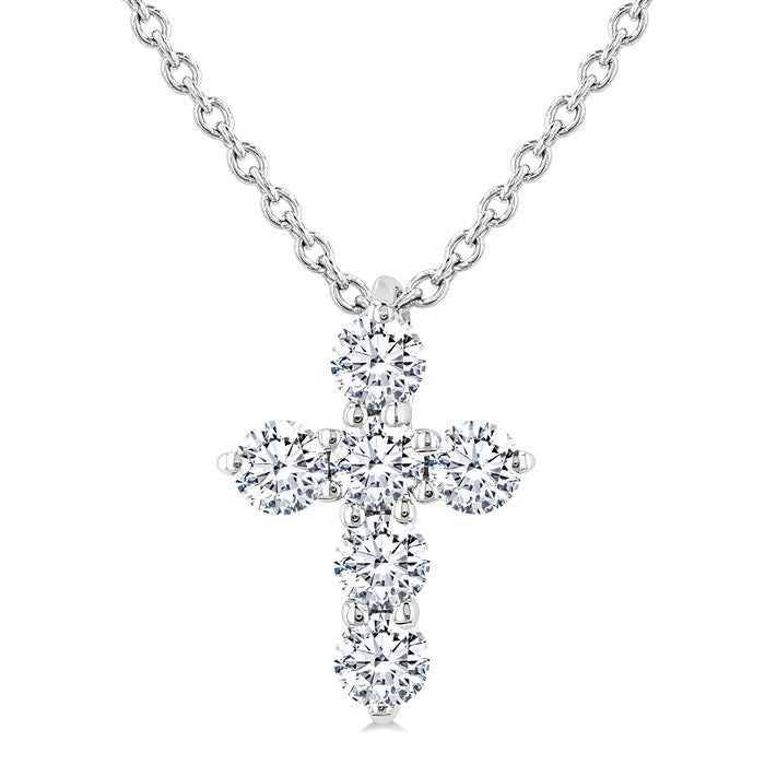 1/4 Ctw Round Cut Diamond Christian Cross 6-Stone Fashion Pendant With Chain in 14K White Gold