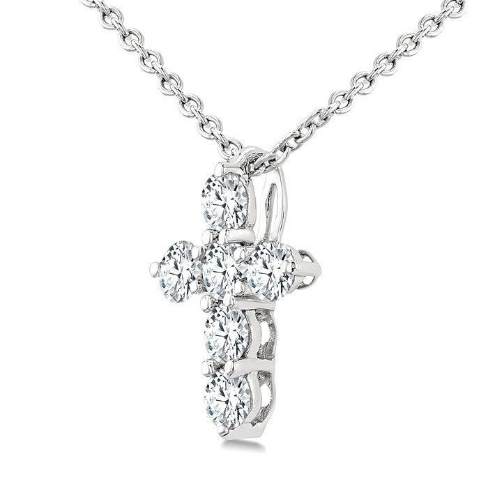 1/4 Ctw Round Cut Diamond Christian Cross 6-Stone Fashion Pendant With Chain in 14K White Gold