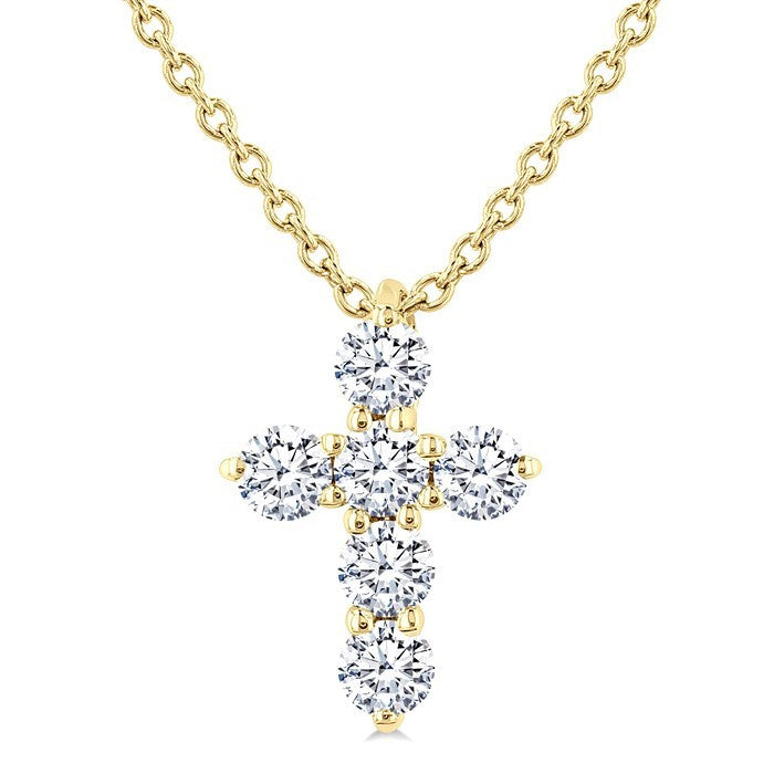 1/4 Ctw Round Cut Diamond Christian Cross 6-Stone Fashion Pendant With Chain in 14K Yellow Gold