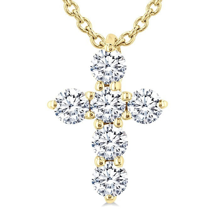1/4 Ctw Round Cut Diamond Christian Cross 6-Stone Fashion Pendant With Chain in 14K Yellow Gold