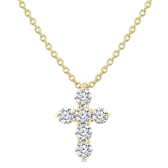 1/4 Ctw Round Cut Diamond Christian Cross 6-Stone Fashion Pendant With Chain in 14K Yellow Gold