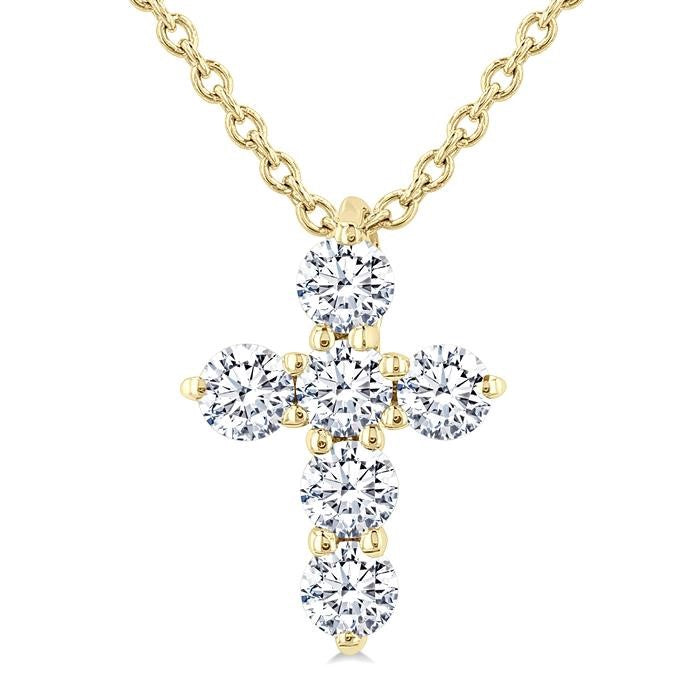 1/4 Ctw Round Cut Diamond Christian Cross 6-Stone Fashion Pendant With Chain in 14K Yellow Gold