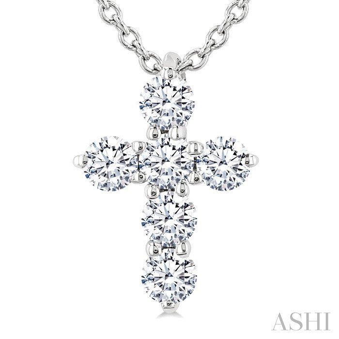 1/4 Ctw Round Cut Diamond Christian Cross 6-Stone Fashion Pendant With Chain in 14K White Gold