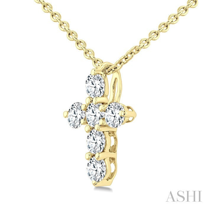 1/4 Ctw Round Cut Diamond Christian Cross 6-Stone Fashion Pendant With Chain in 14K Yellow Gold