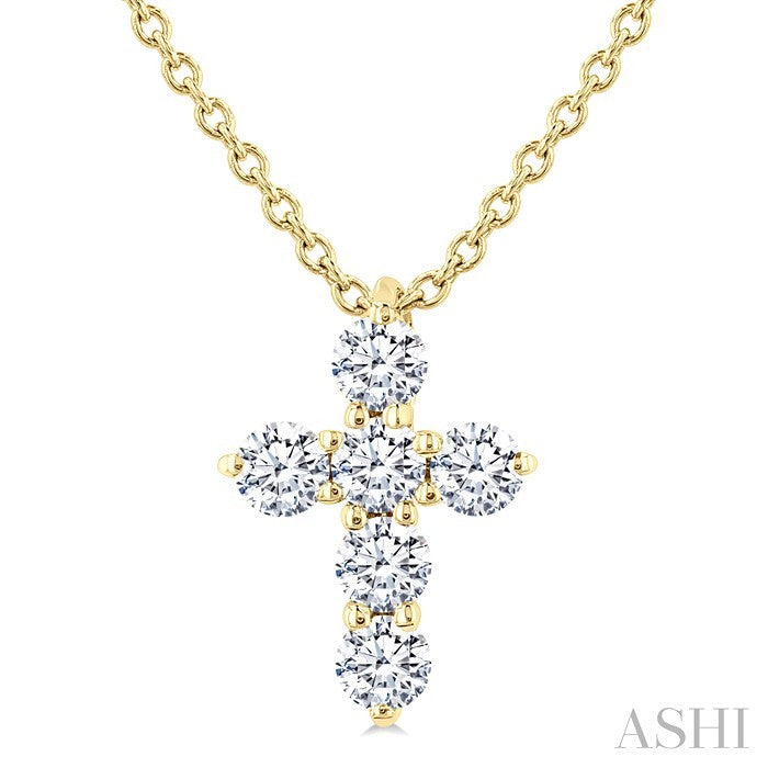 1/4 Ctw Round Cut Diamond Christian Cross 6-Stone Fashion Pendant With Chain in 14K Yellow Gold