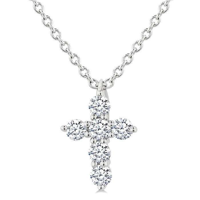 1/6 Ctw Round Cut Diamond Christian Cross 6-Stone Fashion Pendant With Chain in 14K White Gold
