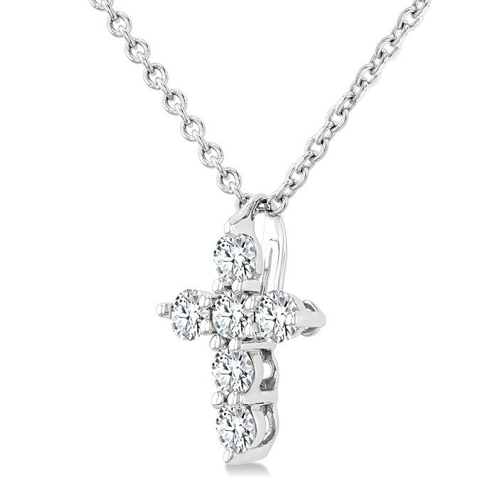 1/6 Ctw Round Cut Diamond Christian Cross 6-Stone Fashion Pendant With Chain in 14K White Gold