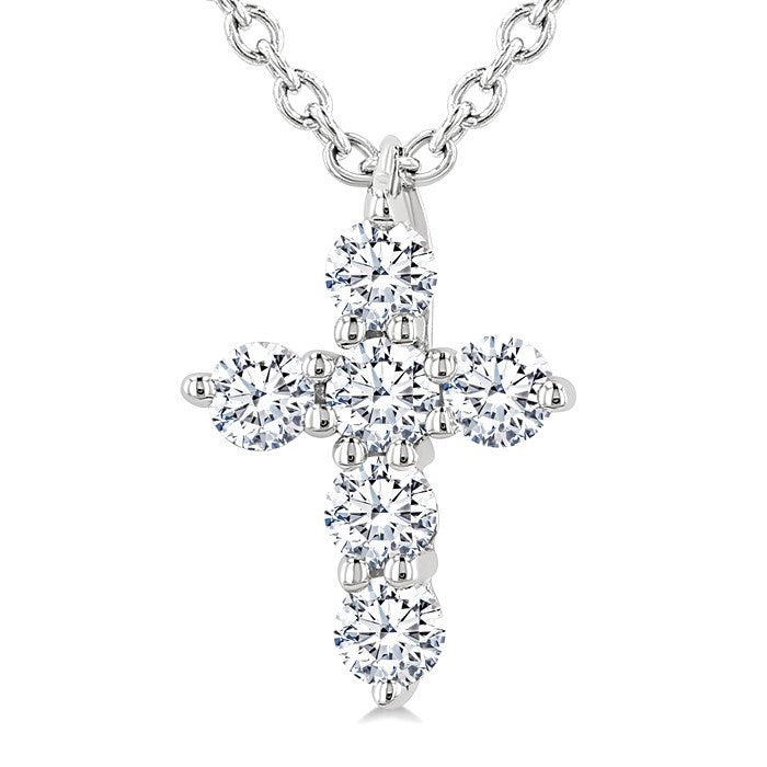 1/6 Ctw Round Cut Diamond Christian Cross 6-Stone Fashion Pendant With Chain in 14K White Gold