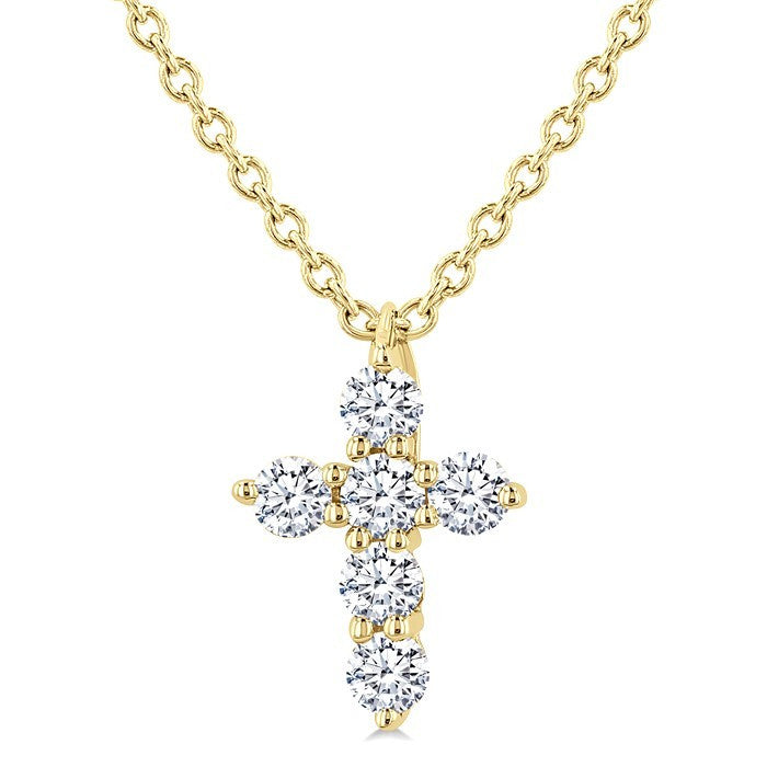 1/6 Ctw Round Cut Diamond Christian Cross 6-Stone Fashion Pendant With Chain in 14K Yellow Gold