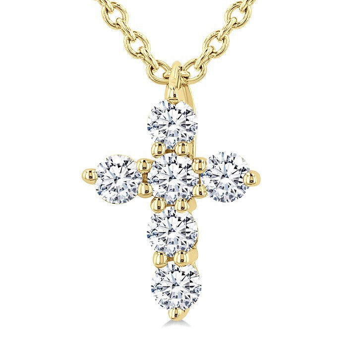 1/6 Ctw Round Cut Diamond Christian Cross 6-Stone Fashion Pendant With Chain in 14K Yellow Gold