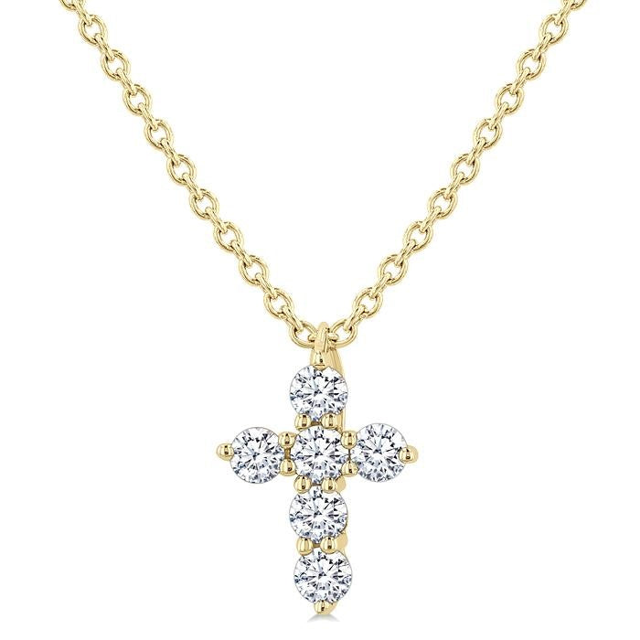 1/6 Ctw Round Cut Diamond Christian Cross 6-Stone Fashion Pendant With Chain in 14K Yellow Gold